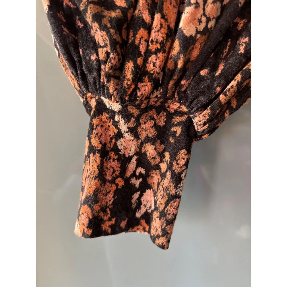 Free People Heartbeats Floral Mini Dress Long Balloon Sleeve Black Dark Academia